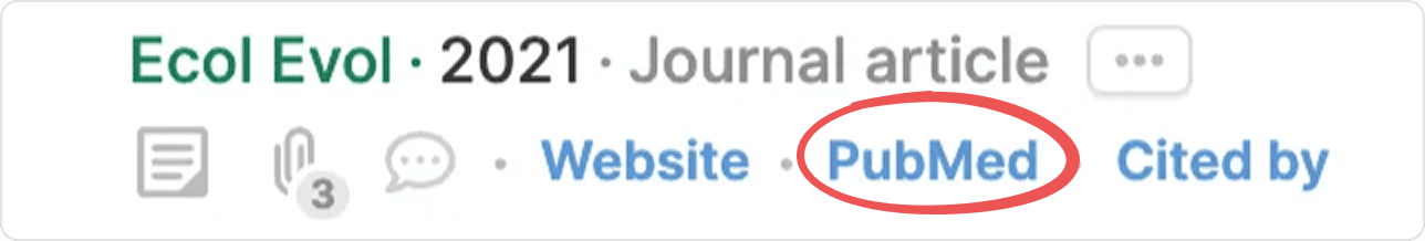 The PubMed link circled in a reference’s row of links, alongside Website and Cited by.